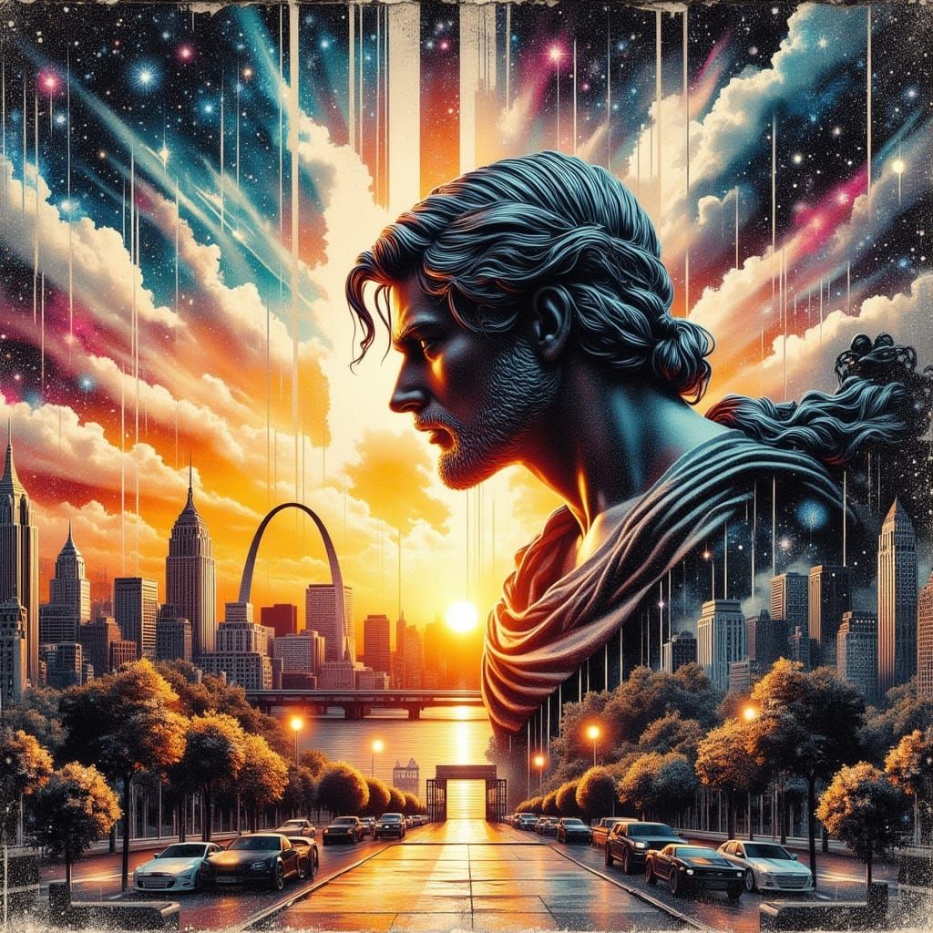 Surreal Art Deco Cityscape with Zeus Statue