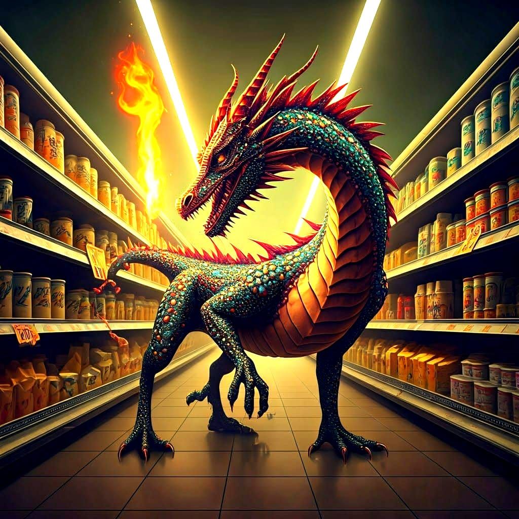 Psychedelic Dragon Walks Through Supermarket, Surreal Art