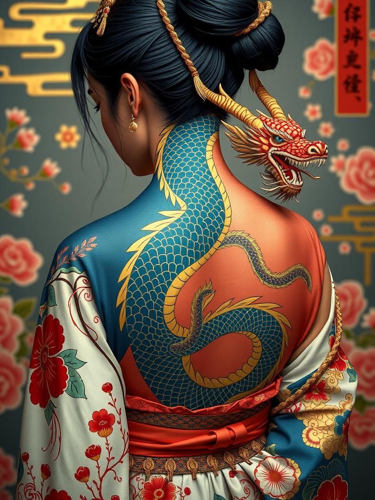 Japanese Woman with Dragon Tattoo in Ukiyo-e Style