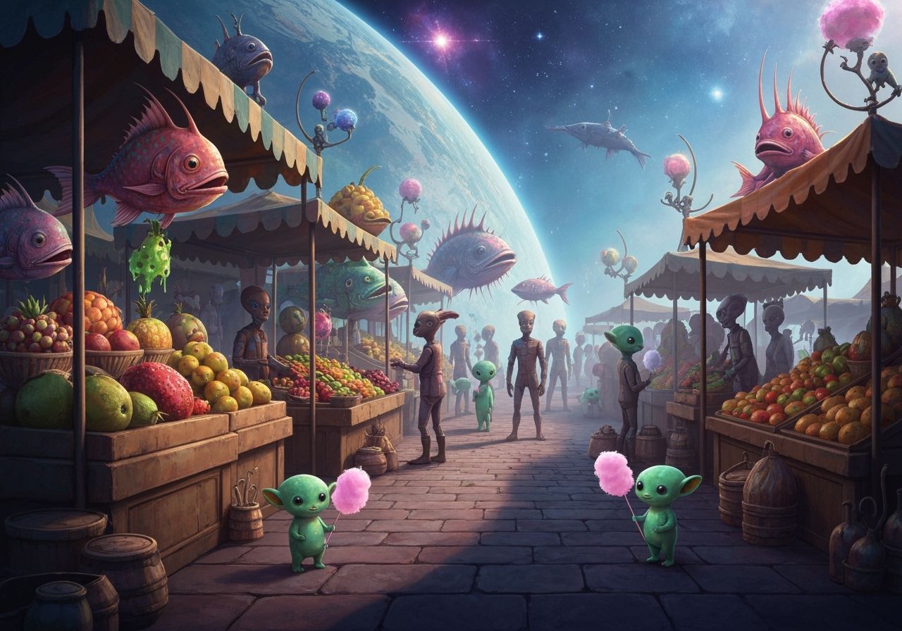 Bustling Alien Market Scene in Sci-Fi Style