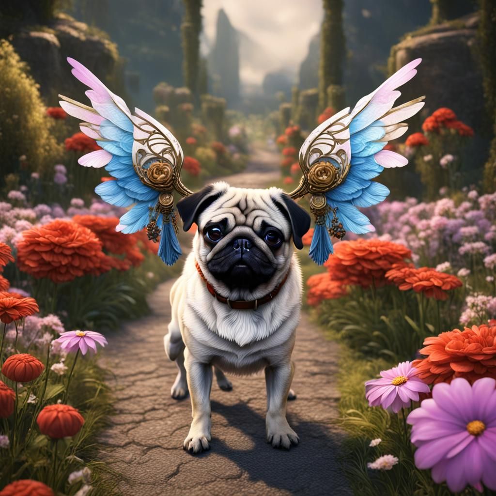 Winged Pug in Floral Paradise: 8K Resolution