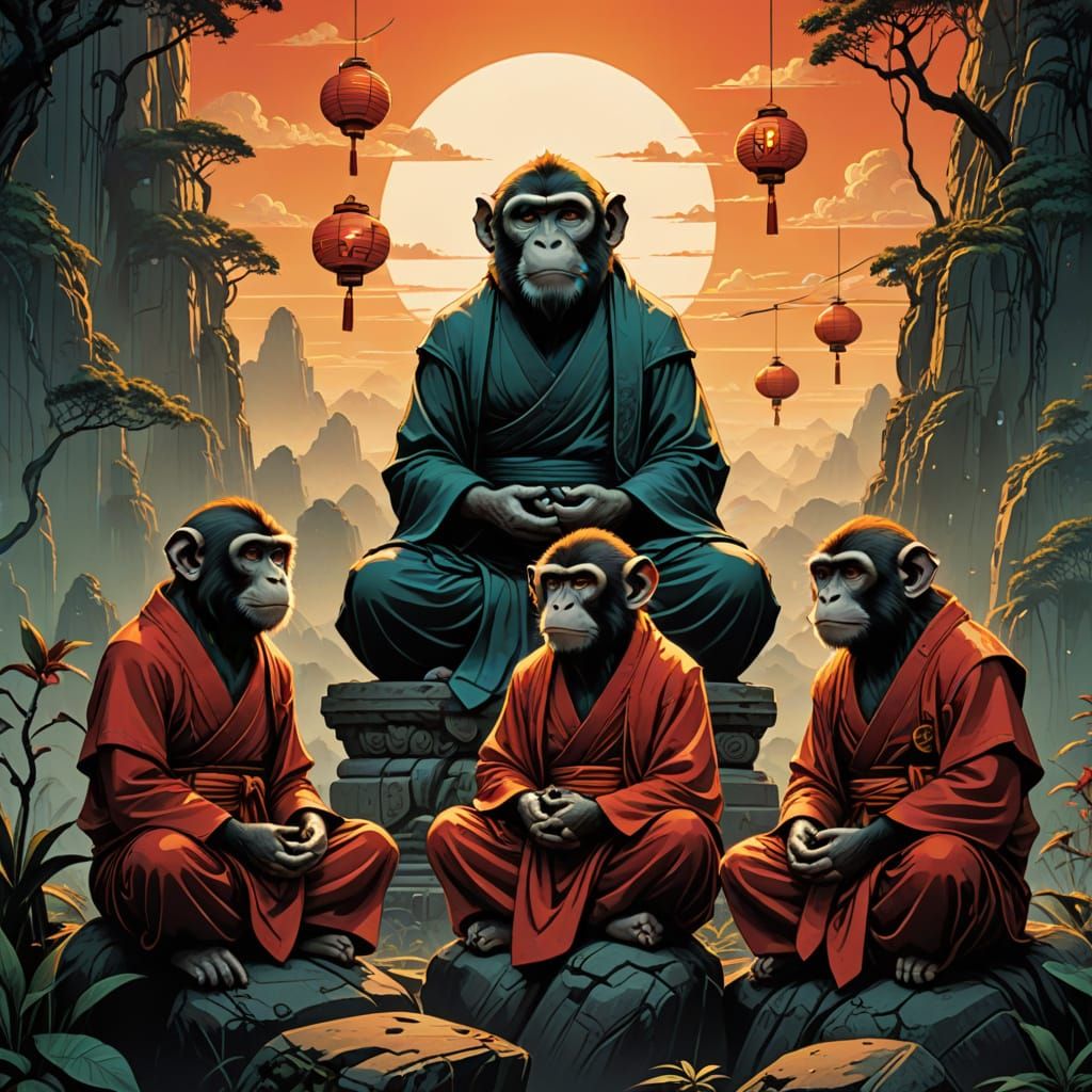 Meditative 3D Monkeys in Futuristic Chinese Style