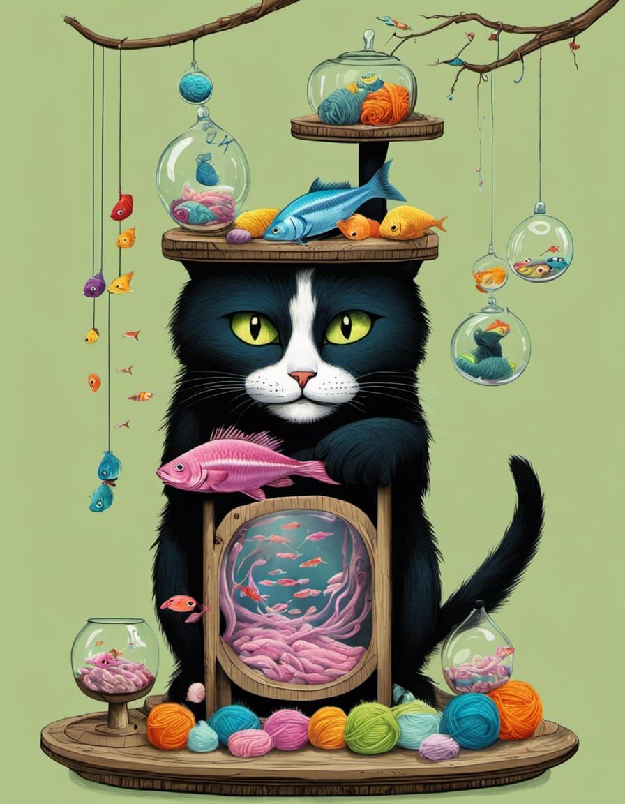 Whimsical Cat Bed with Tuna Dispenser, Steampunk Details