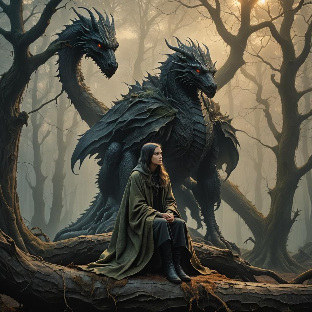 Girl and Dragon in Misty Forest, Fantasy Art