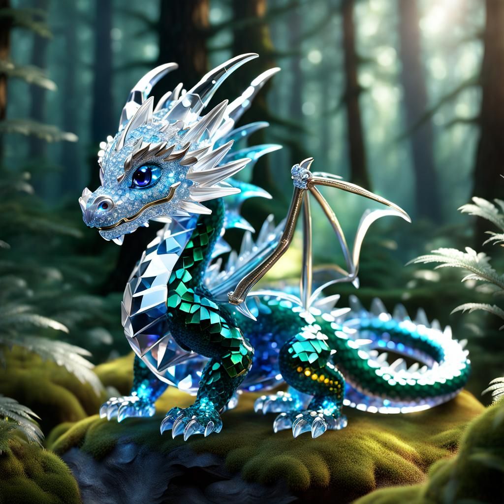 Chibi Crystal Dragon in Forest, 16k Render