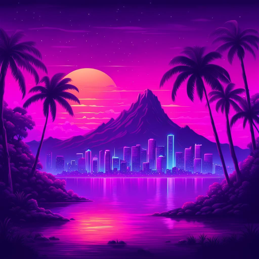 Magical Island City with Purple Glow: Synthwave Neon Retro