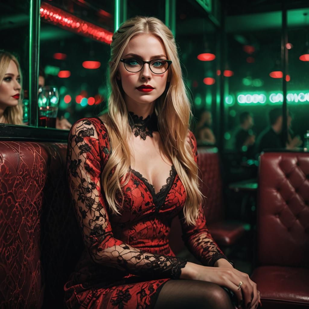 Blonde Woman in Red Dress in Nightclub Portrait