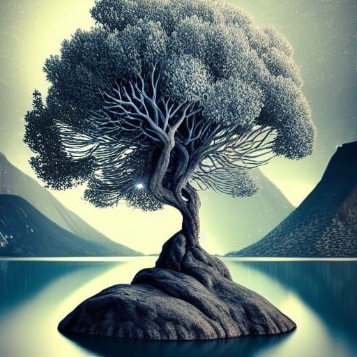 Silver Tree in Lake Under Glowing Moon