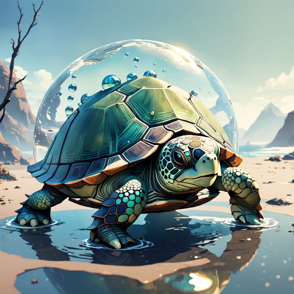 Tiny Turtle in Dreamlike Water Sphere