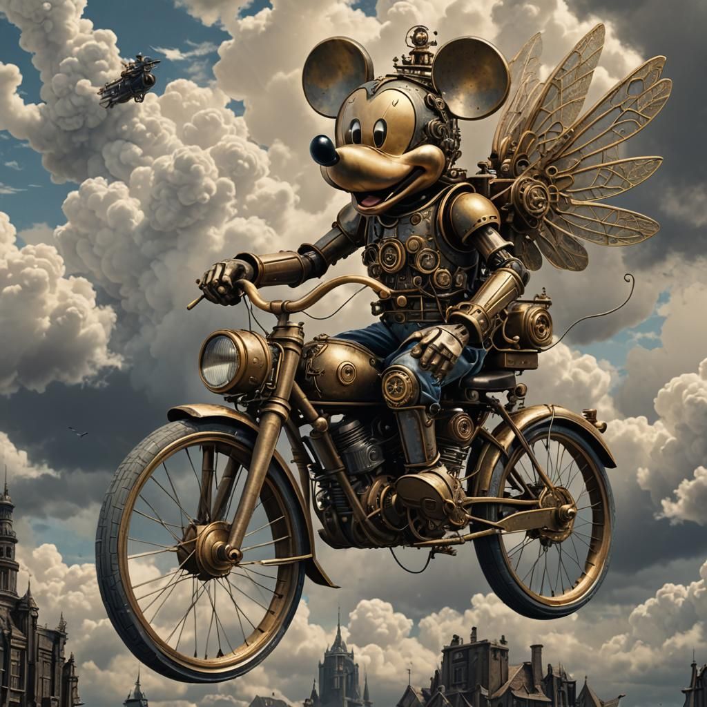 Steampunk Robot Mickey Mouse on Gothic Bicycle