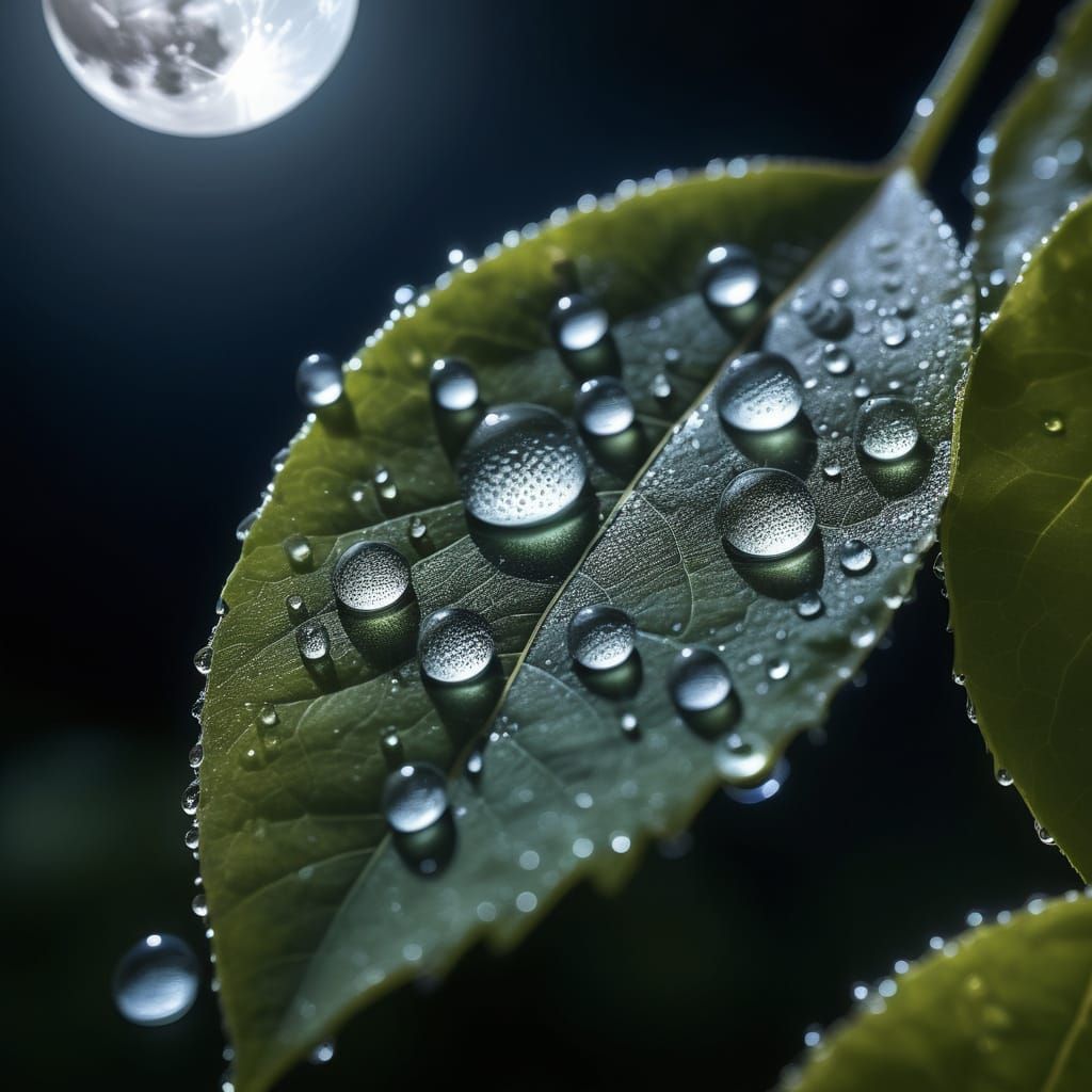Moonlit Orchard Dew Drops in Hyper-Realistic Detail