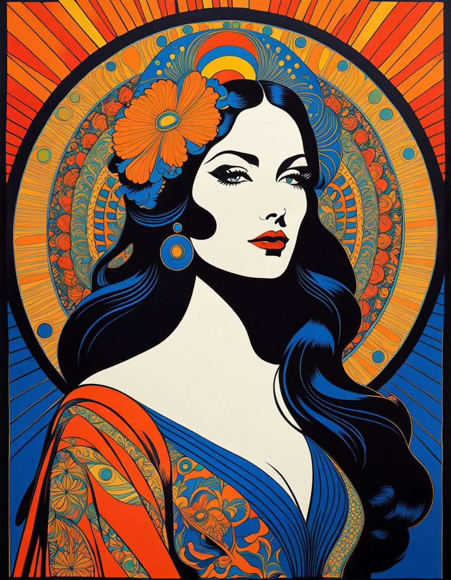Psychedelic Tri-Color Woman Portrait in Jugendstil Style