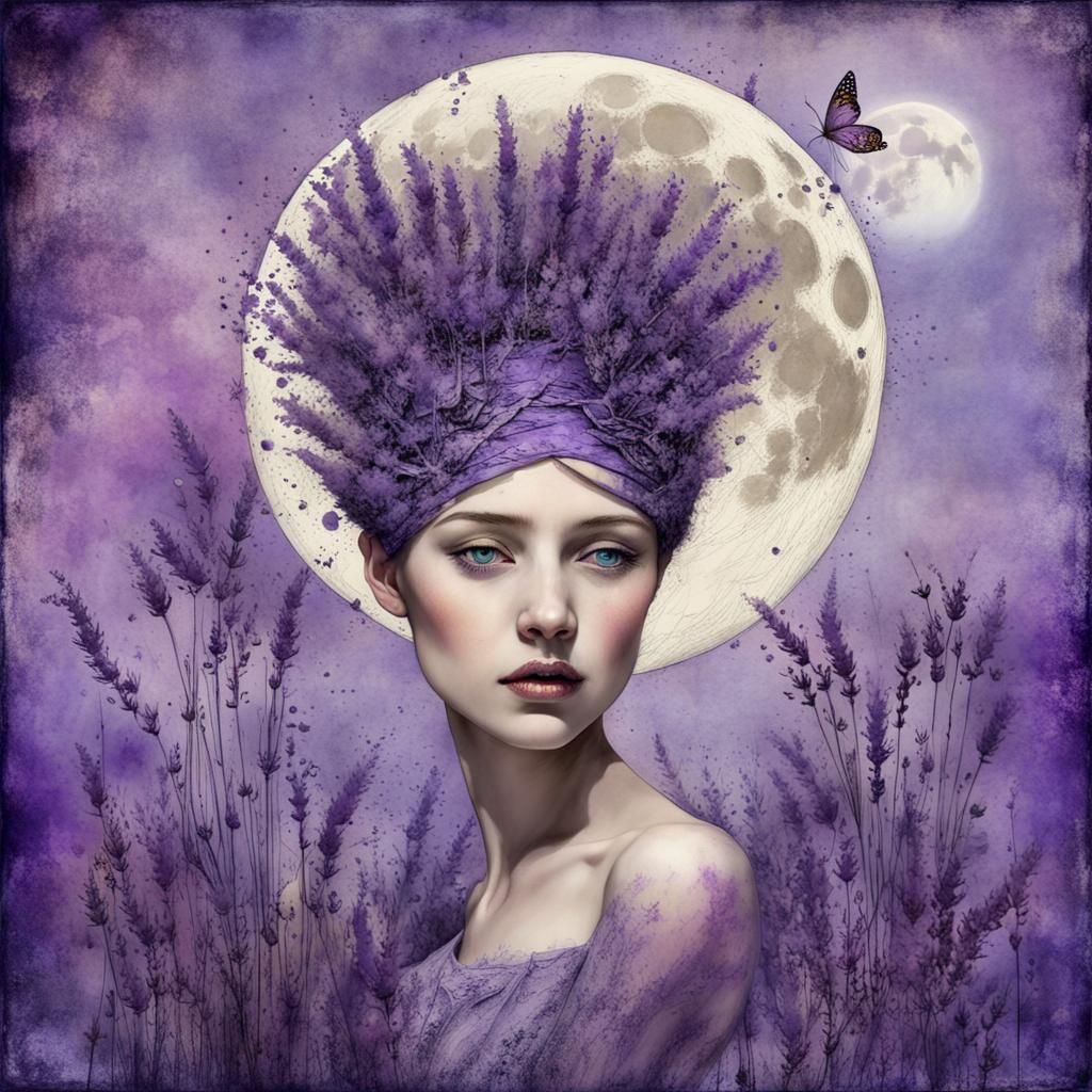 Magical Lavender Portrait in Ink Splash Art