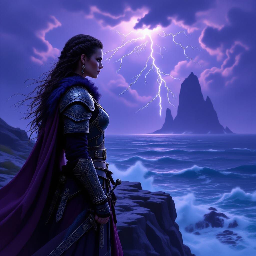 Viking Queen Contemplating Stormy Sea, Digital Art