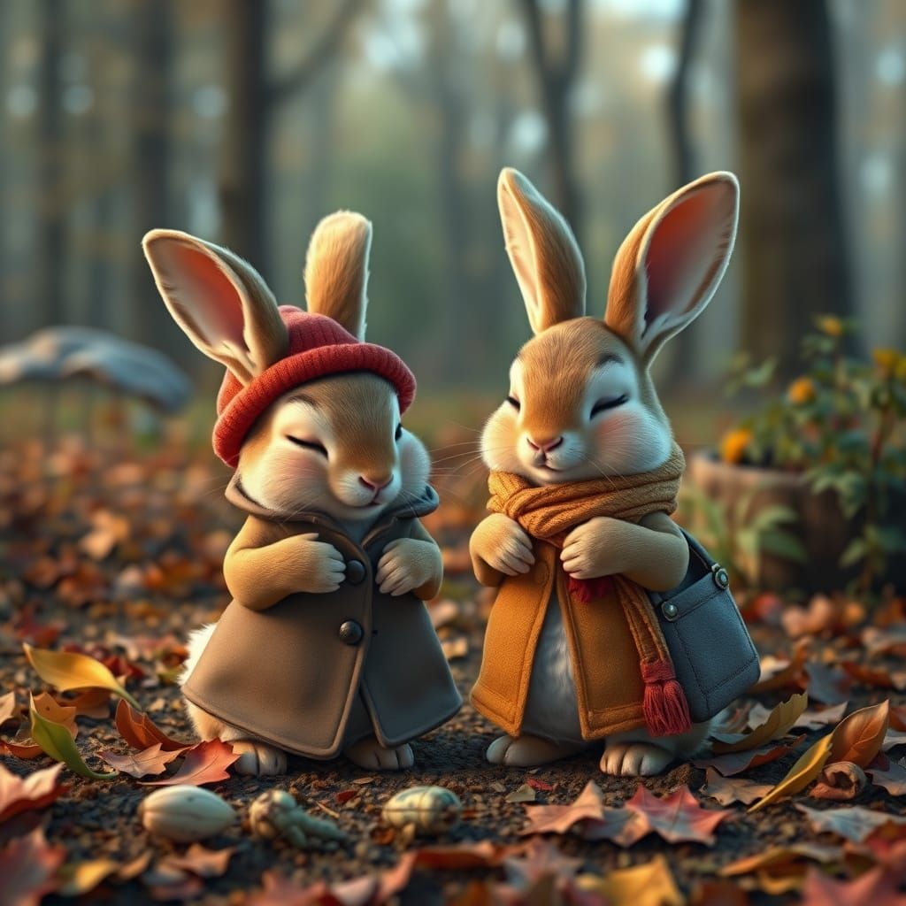 Cute Bunnies in Cozy Autumn Attire, Pixar Style