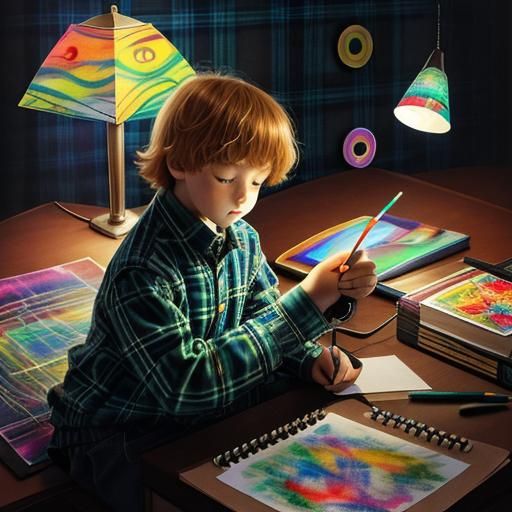 Tartan background ,Kid's drawing ,surreal child's drawing , ...