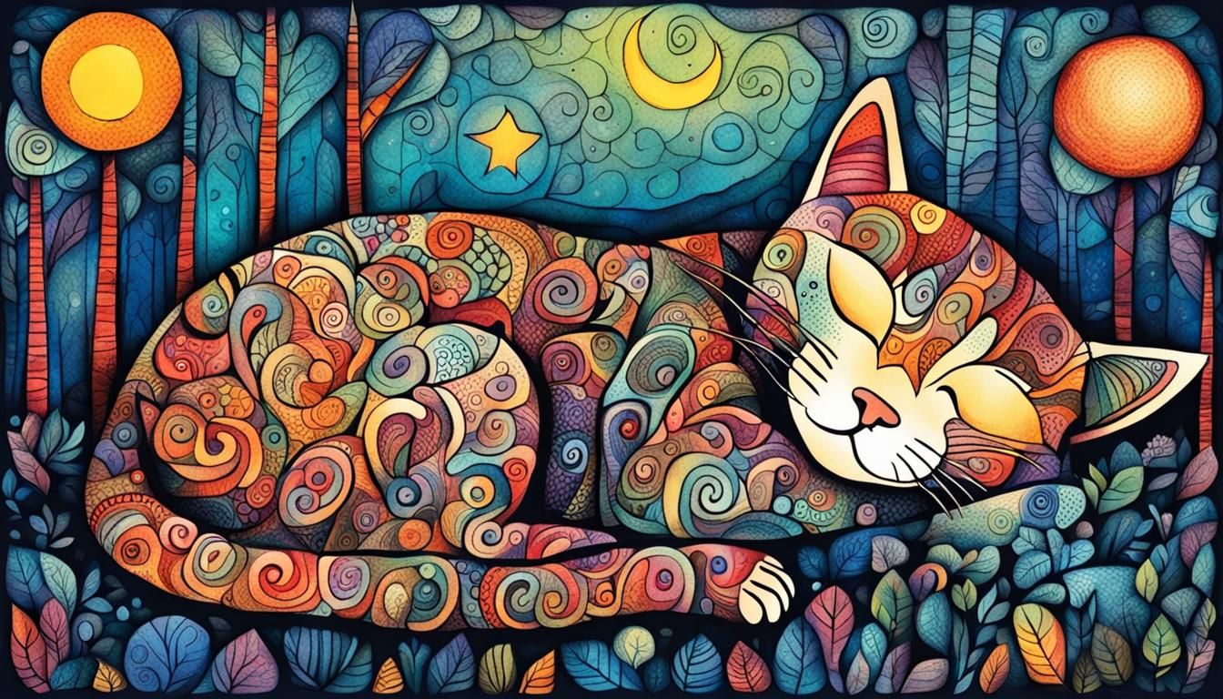 Colorful Cat Sleeping in Moonlit Forest Zentangle Illustrati...