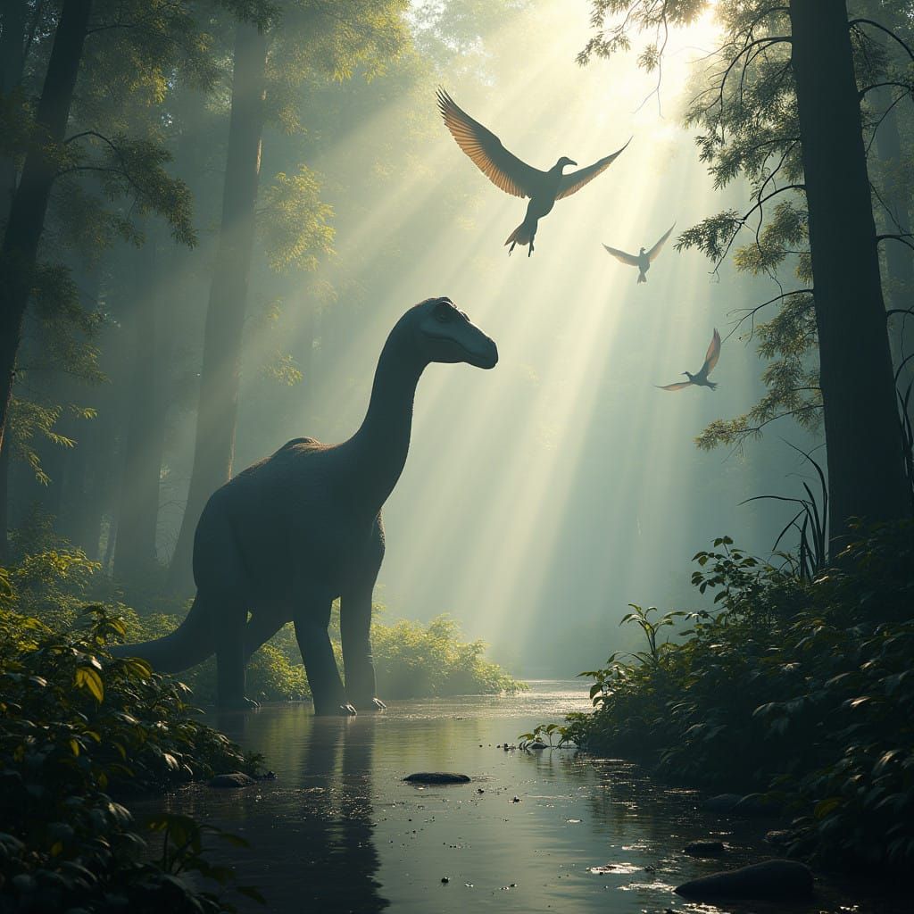 Dinosaurs in a Sunlit Misty Swamp, Fantastical Scene