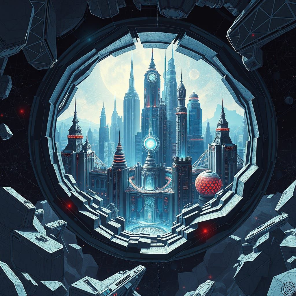 Futuristic Asteroid City in Hypermodern Datapunk Style