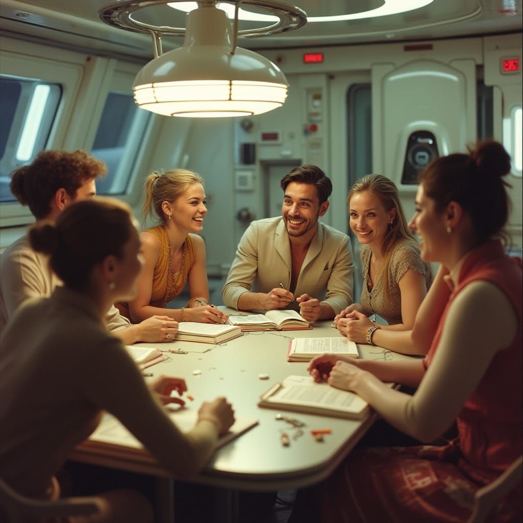 Space Explorers Share Stories in Futuristic Mess Hall