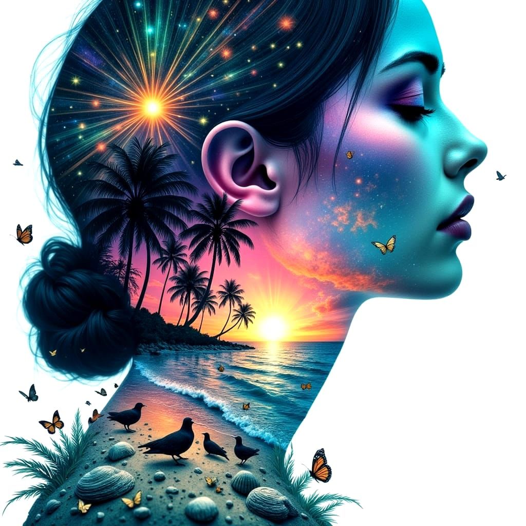 Surreal Double Exposure of a Woman in a Tropical Paradise