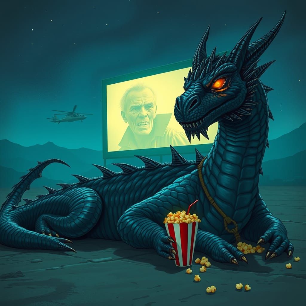 Mythic Dragon Watches Horror Movie at Abandoned Drive-In