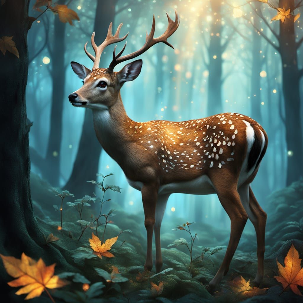 Ethereal Doe in Mystical Woods, Surrounded by Glowing, Iride...