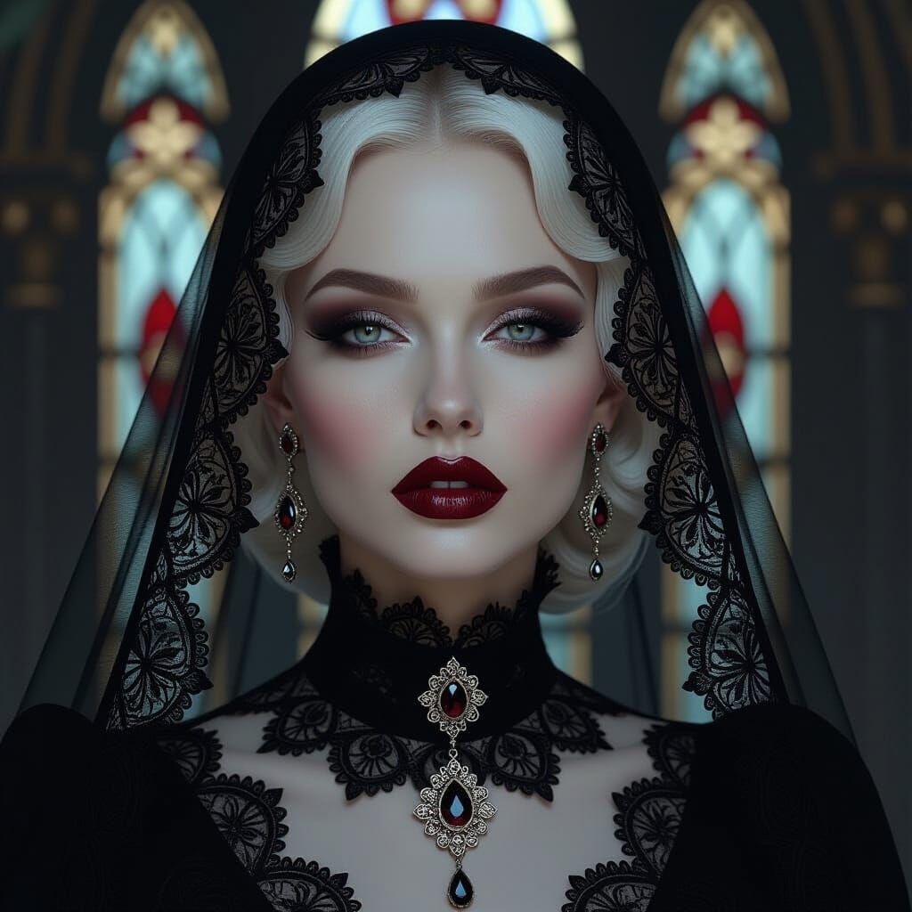 Victorian Gothic Woman Emerges from Darkness with Lace Veil