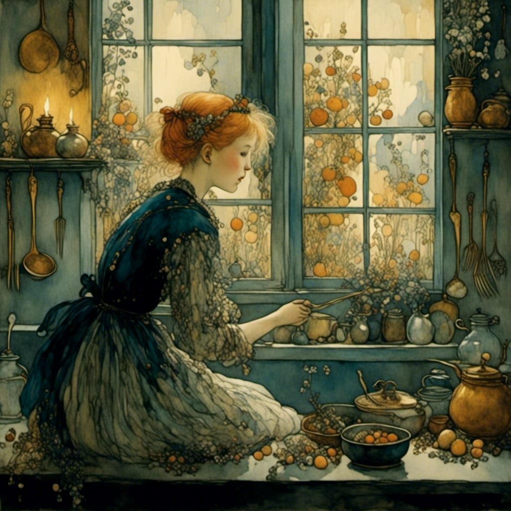 Baroque Fairy on Kitchen Windowsill Oil Painting