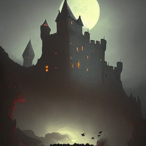 Sinister Castle on Cliff at Night