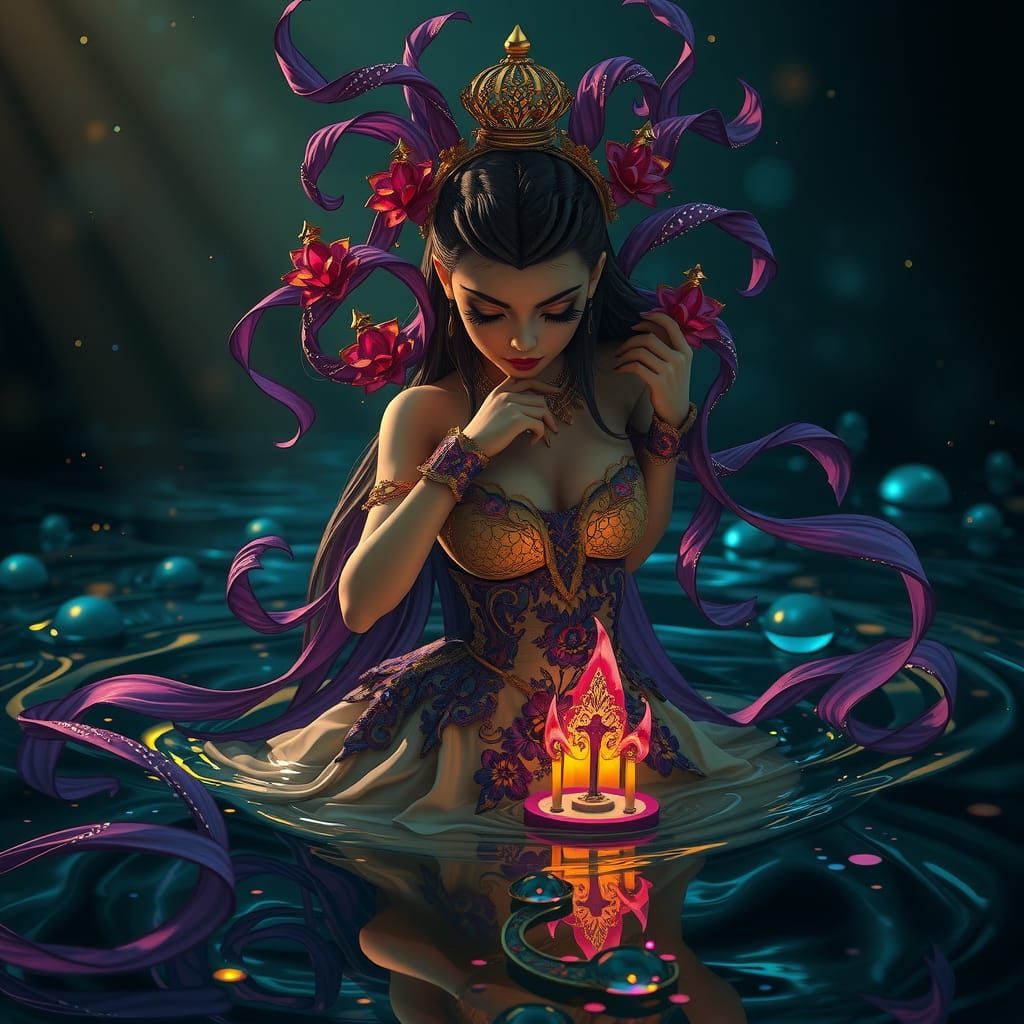 Princess in Dark Aquatic Realm, Art Nouveau Style