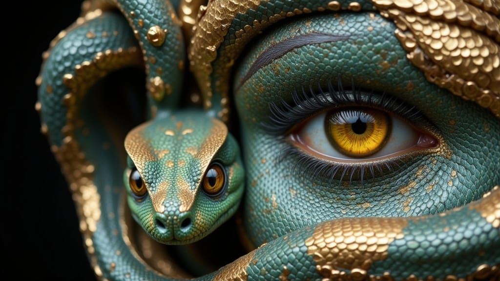 Serpent Woman with Gold Eyes: Digital Art