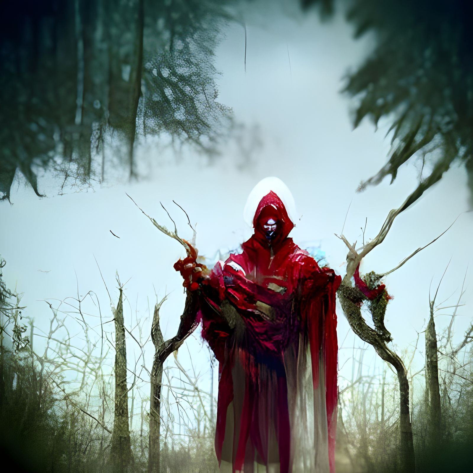 Sinister Red Ritual in Forest, Gothic Fantasy Art