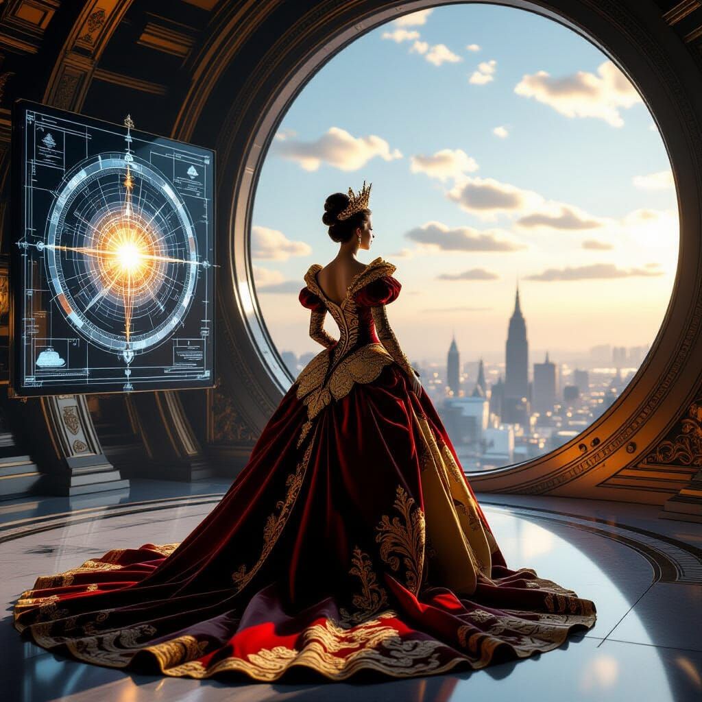 Regal Queen in Baroque Attire with Celestial Maps