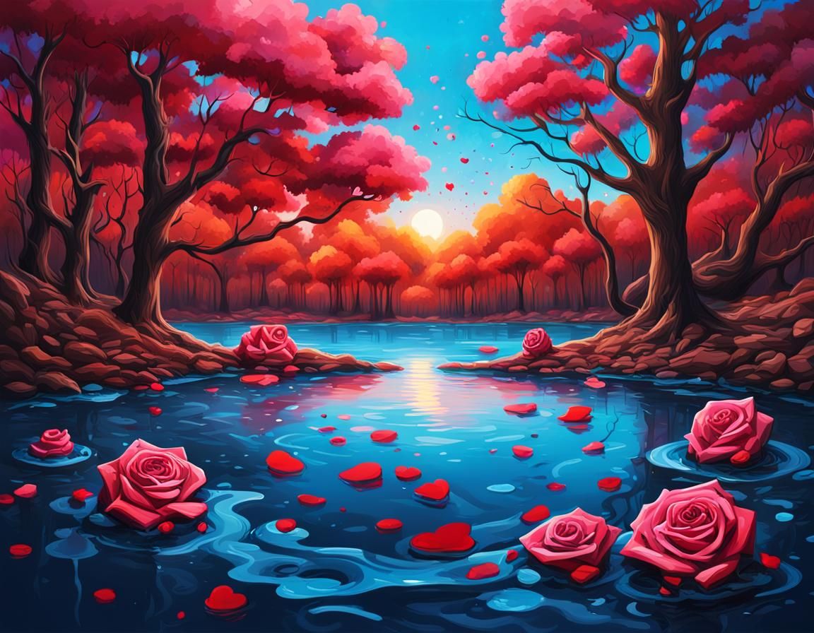 blue lake, pink and red roses