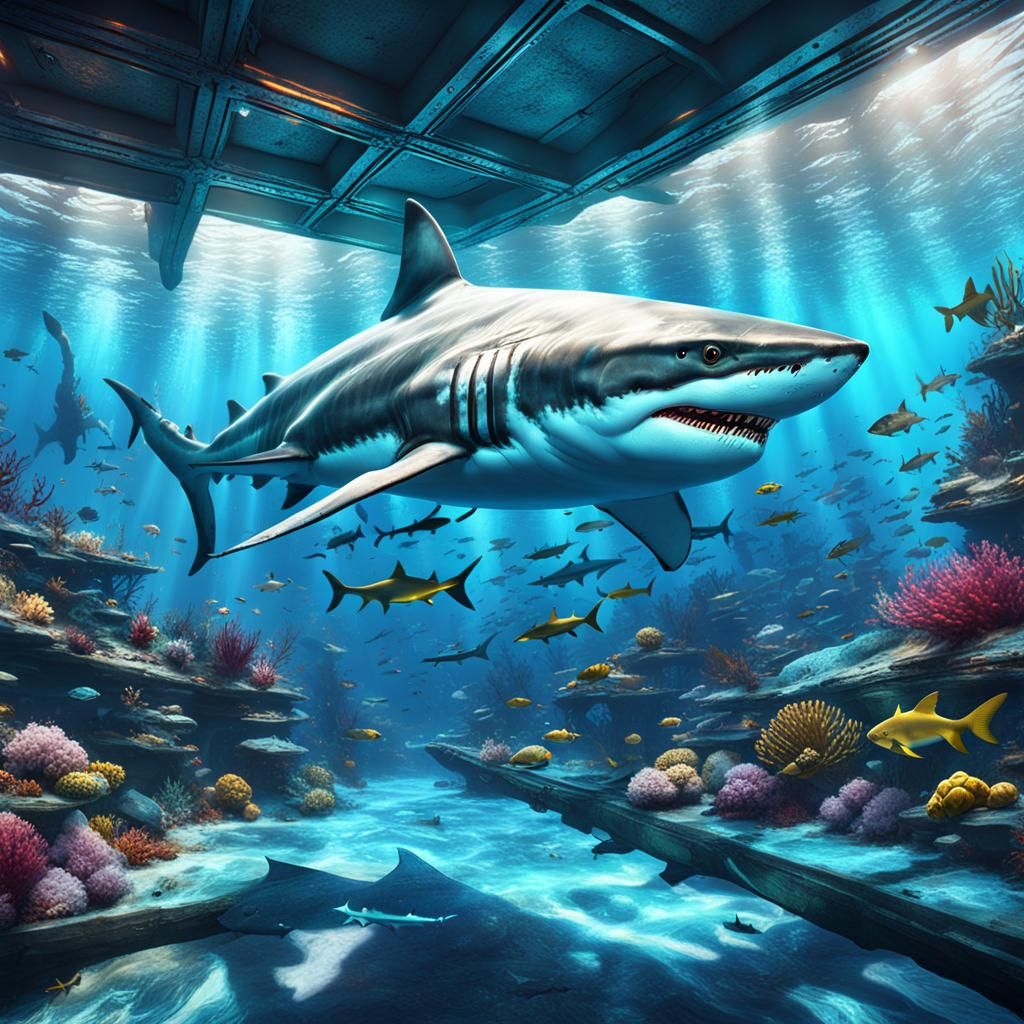 Giant Shark in Colorful Ocean, Dark Fantasy Art