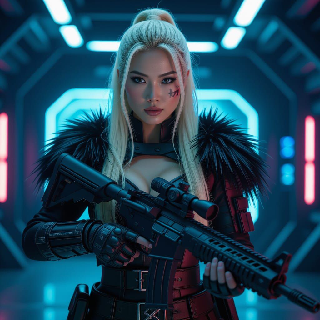 Cyberpunk Barbarian Woman with Futuristic Rifle