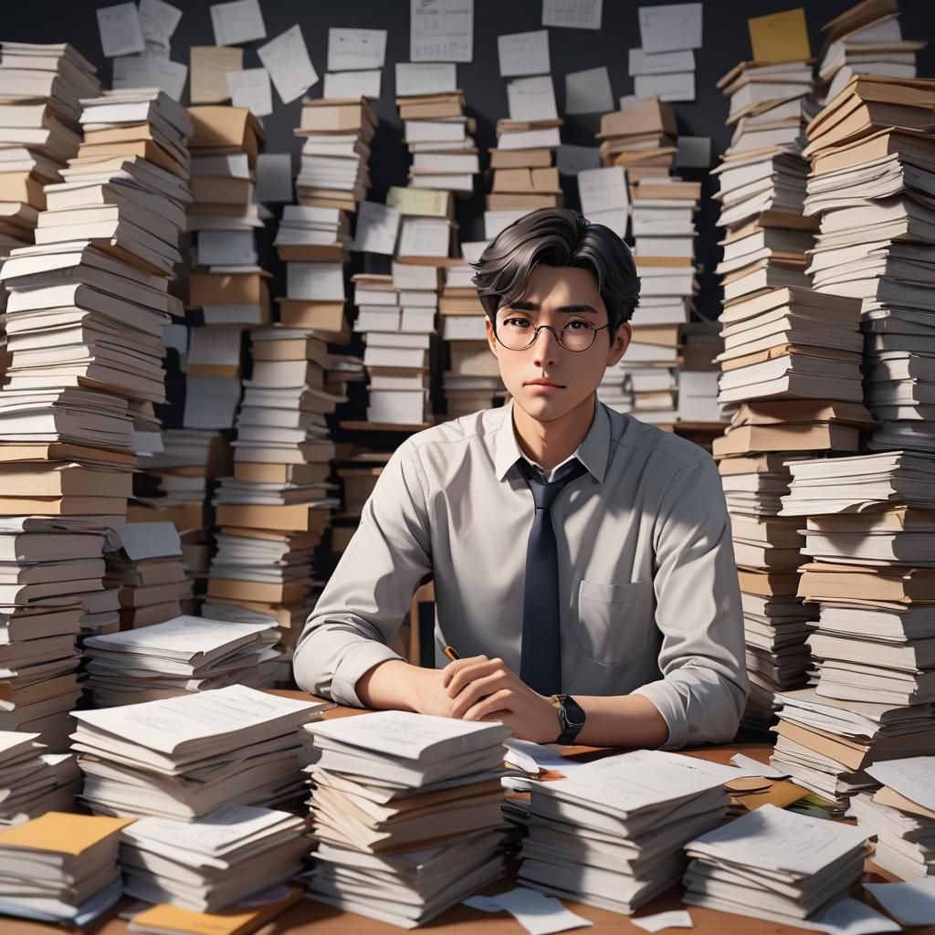 Confident Teacher with Student Assignments in Anime Style