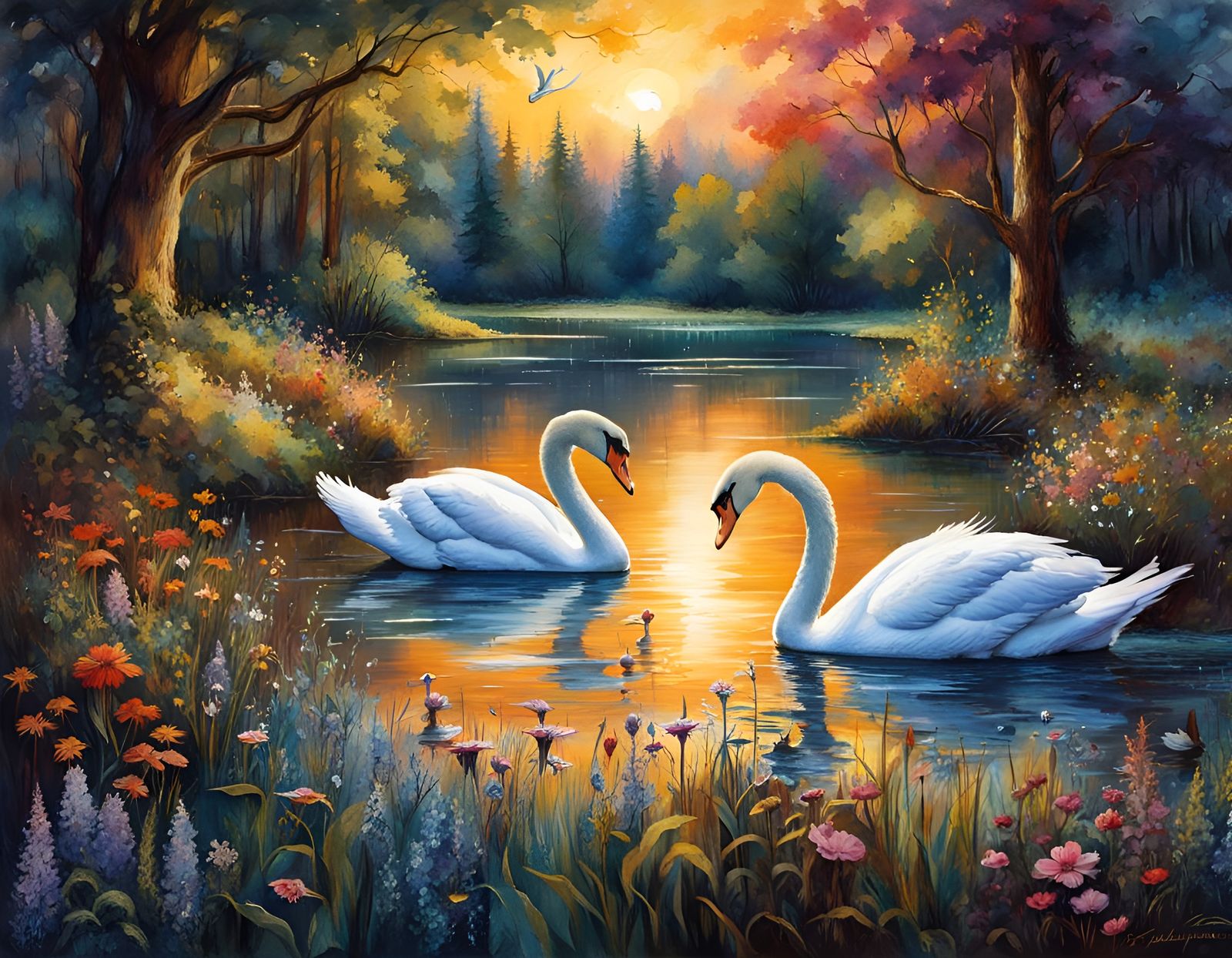 Fantastical Swans in Meadow Lake: Waterhouse-Style Watercolo...