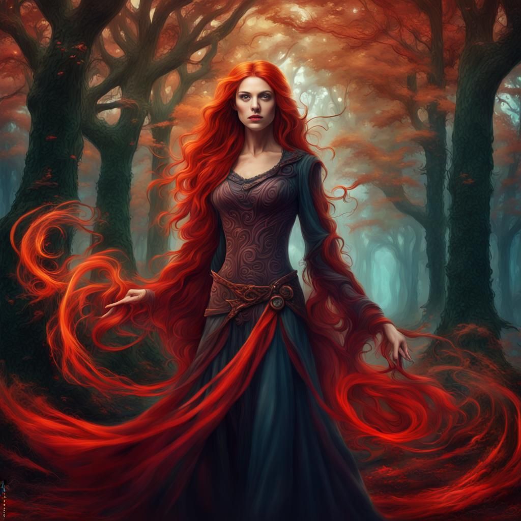 Red-Haired Sorceress Casting a Spell in Magic Forest