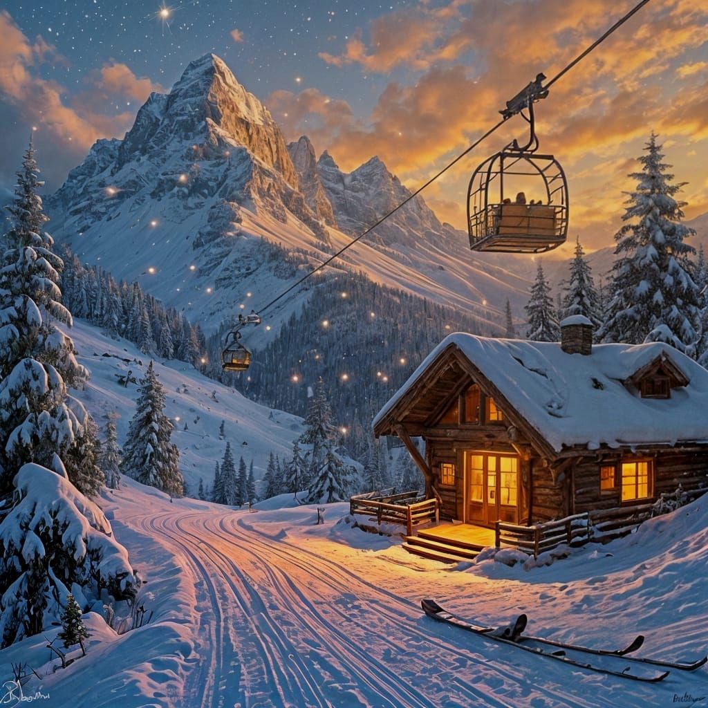 Fantasy Alpine Vista with Ski Lodge, Acrylic Painting