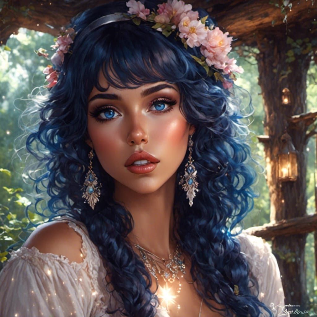 Cute Fairy Girl in Cabin with Blue Eyes