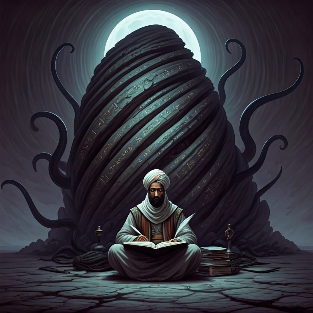 Alhazred Inscribing Necronomicon in Lovecraftian Horror Scen...