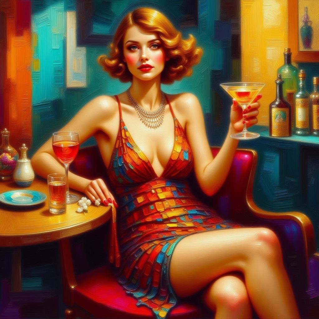 Elegant 1920s Woman with Cocktail in Triadic Colors