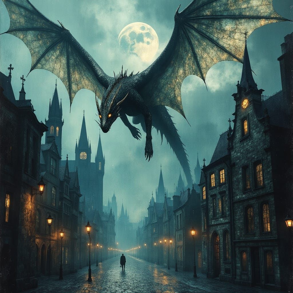 Majestic Dragon Soars Through Twilight Gothic Cityscape