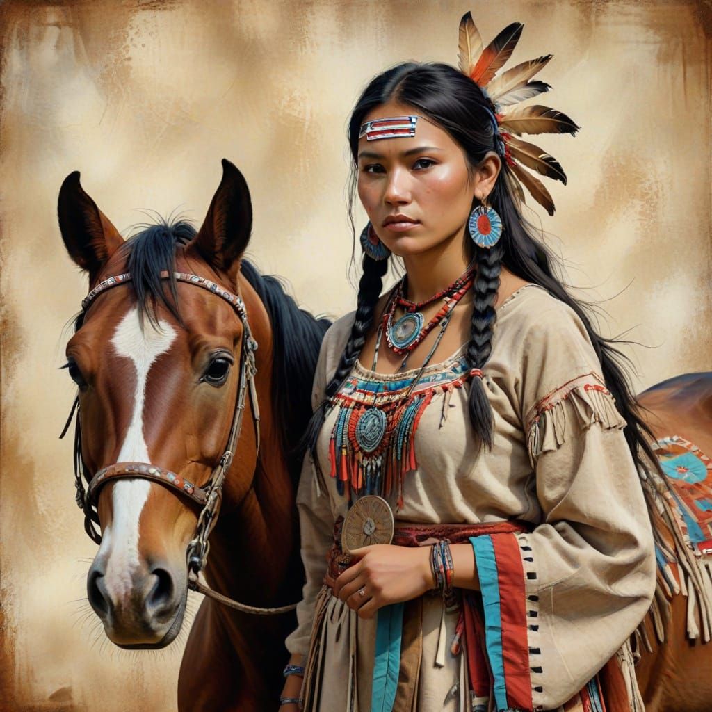 Cherokee Woman and Horse in Mixed Media Style