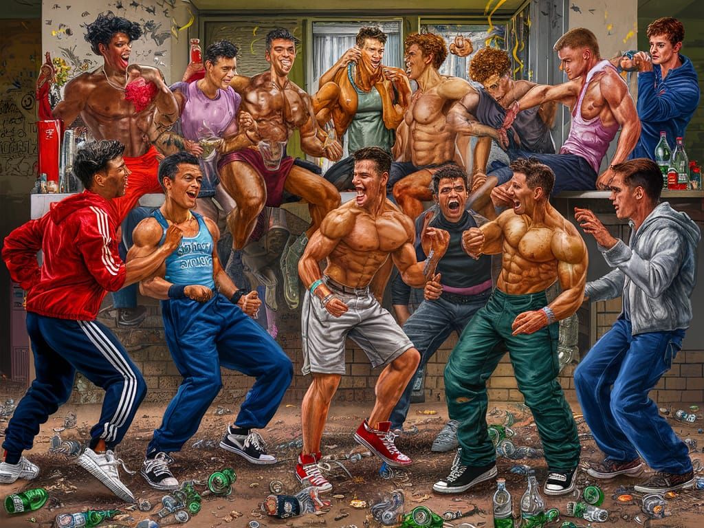 A lively party in a student flat with a group of chav lads.