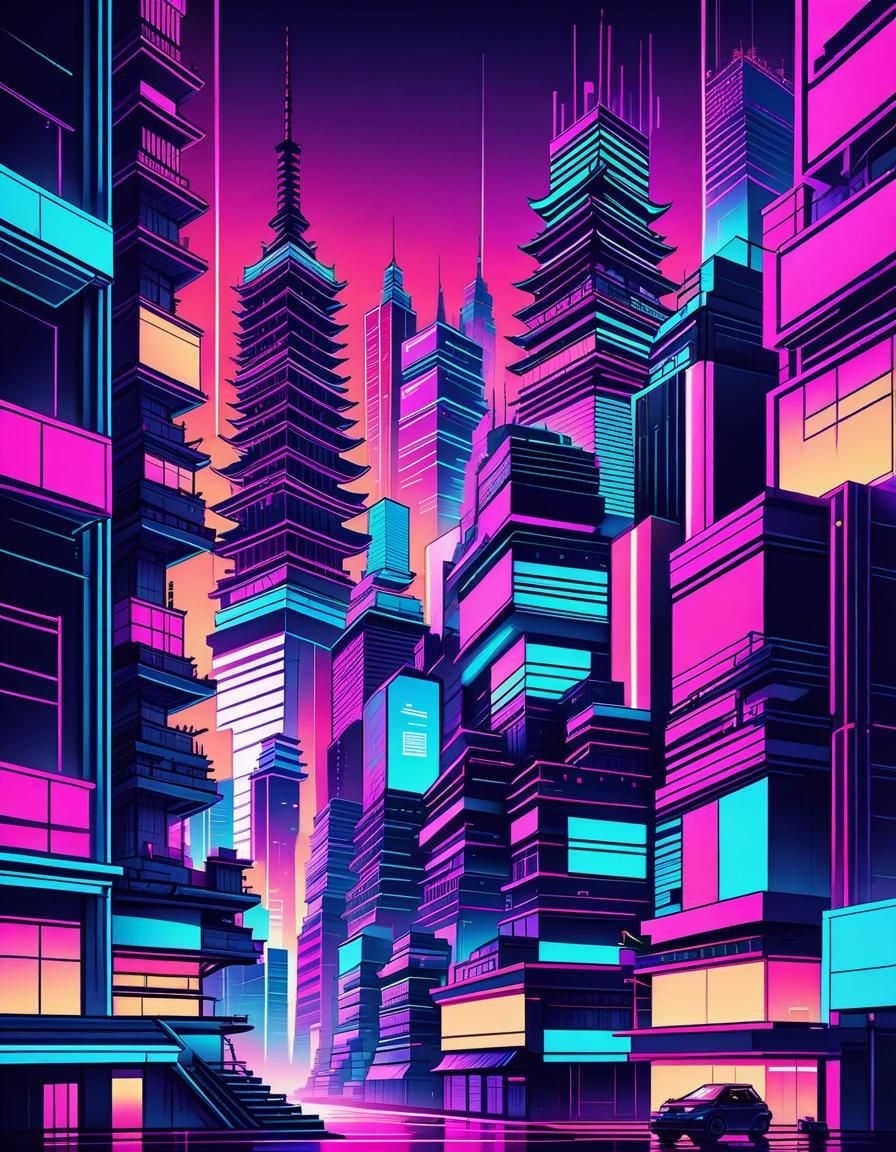 Neon Japanese Cityscape in Cyberpunk Vaporwave Style