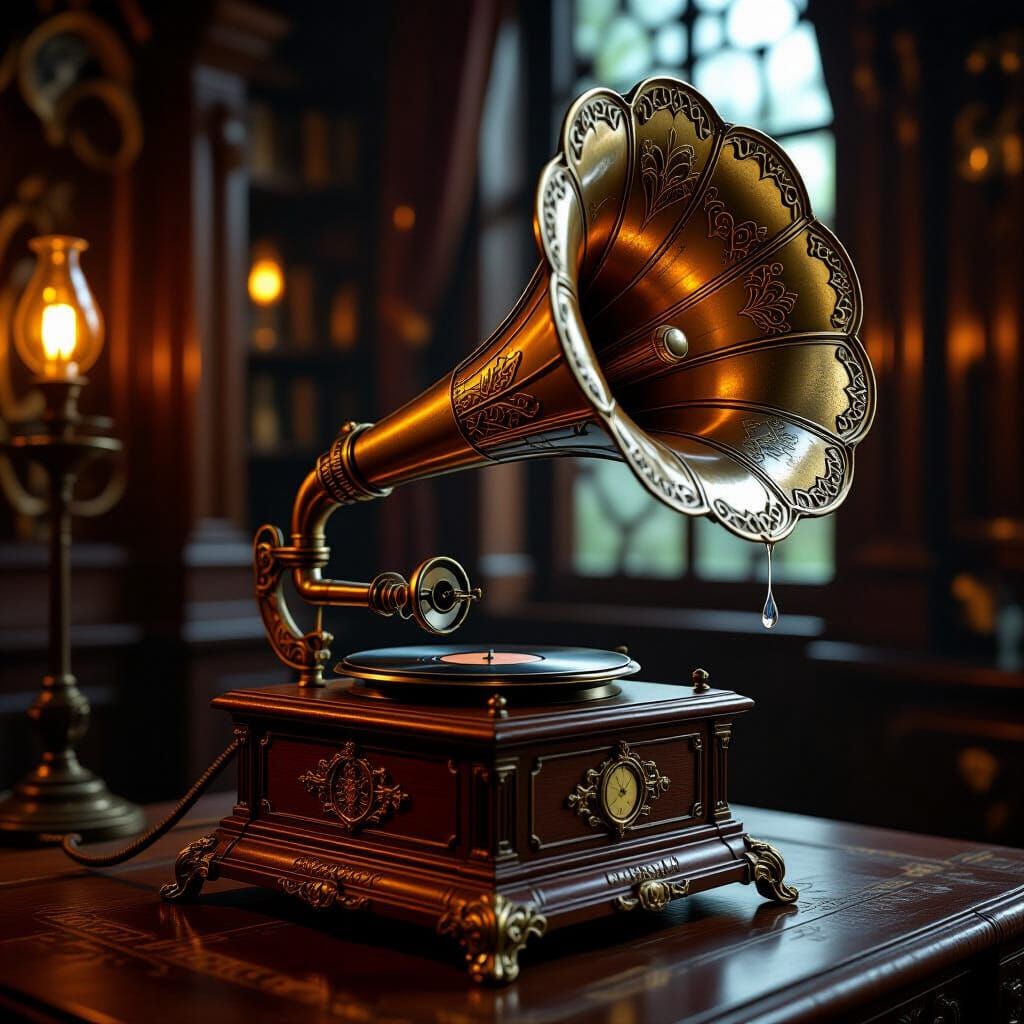 Steampunk Gramophone with Melancholic Face in Victorian Stud...