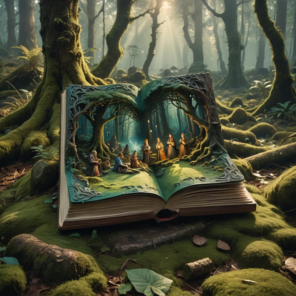 Ethereal Carved Book in Mystical Forest